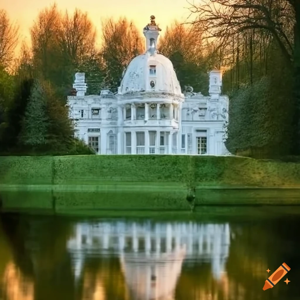 beautiful garden with a white stucco house and pond at dawn