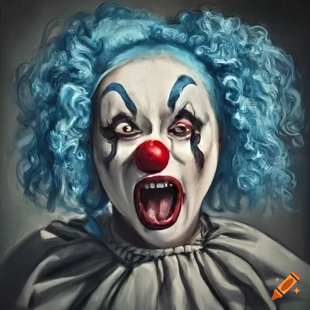 portrait of a screaming female clown with blue hair and red nose