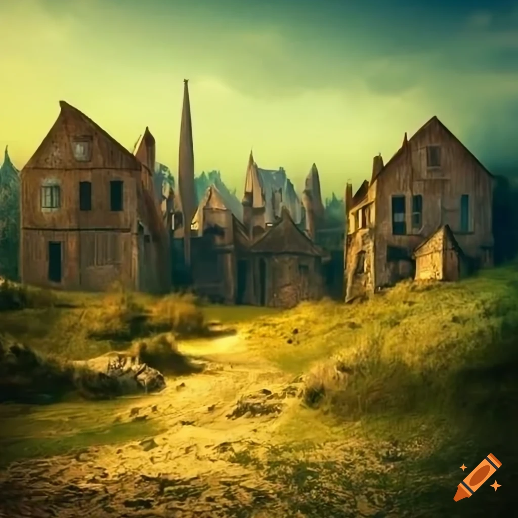 fantasy image of a sunny open-air quarry near a medieval village