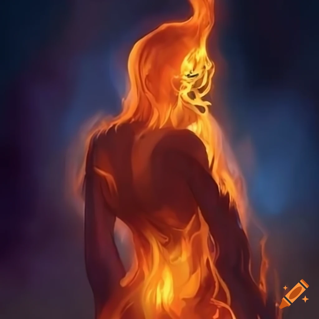 Female fire elemental artwork from behind on Craiyon