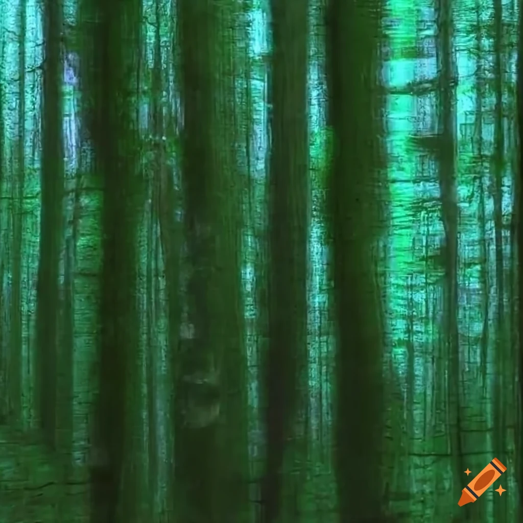 neon glitched forest with dark green moss