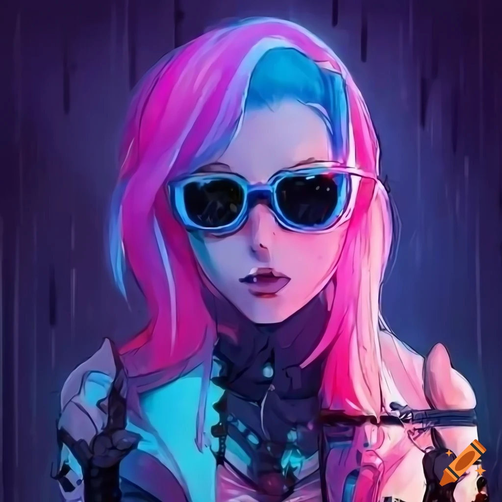 Anime girl with pink and blue hair wearing sunglasses and cyberpunk outfit