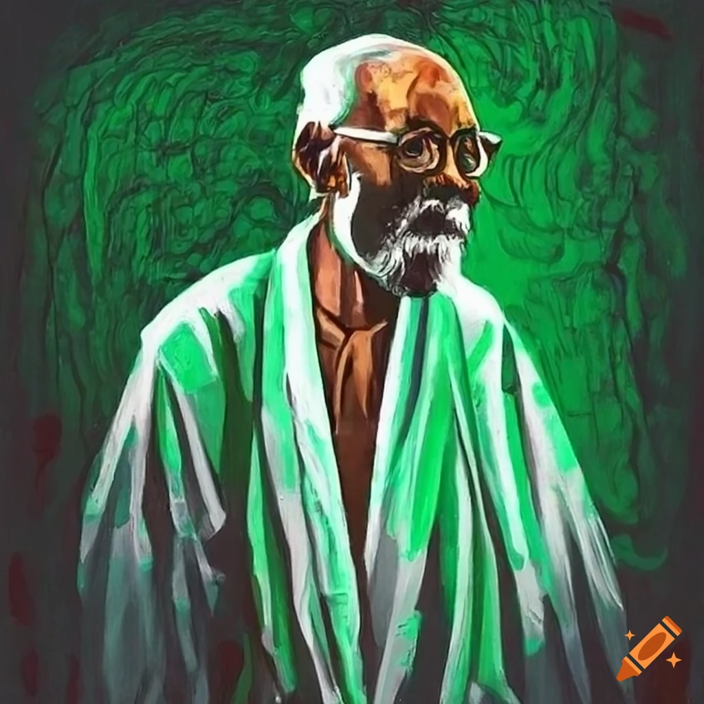 portrait of an elderly African American man in a green and white robe