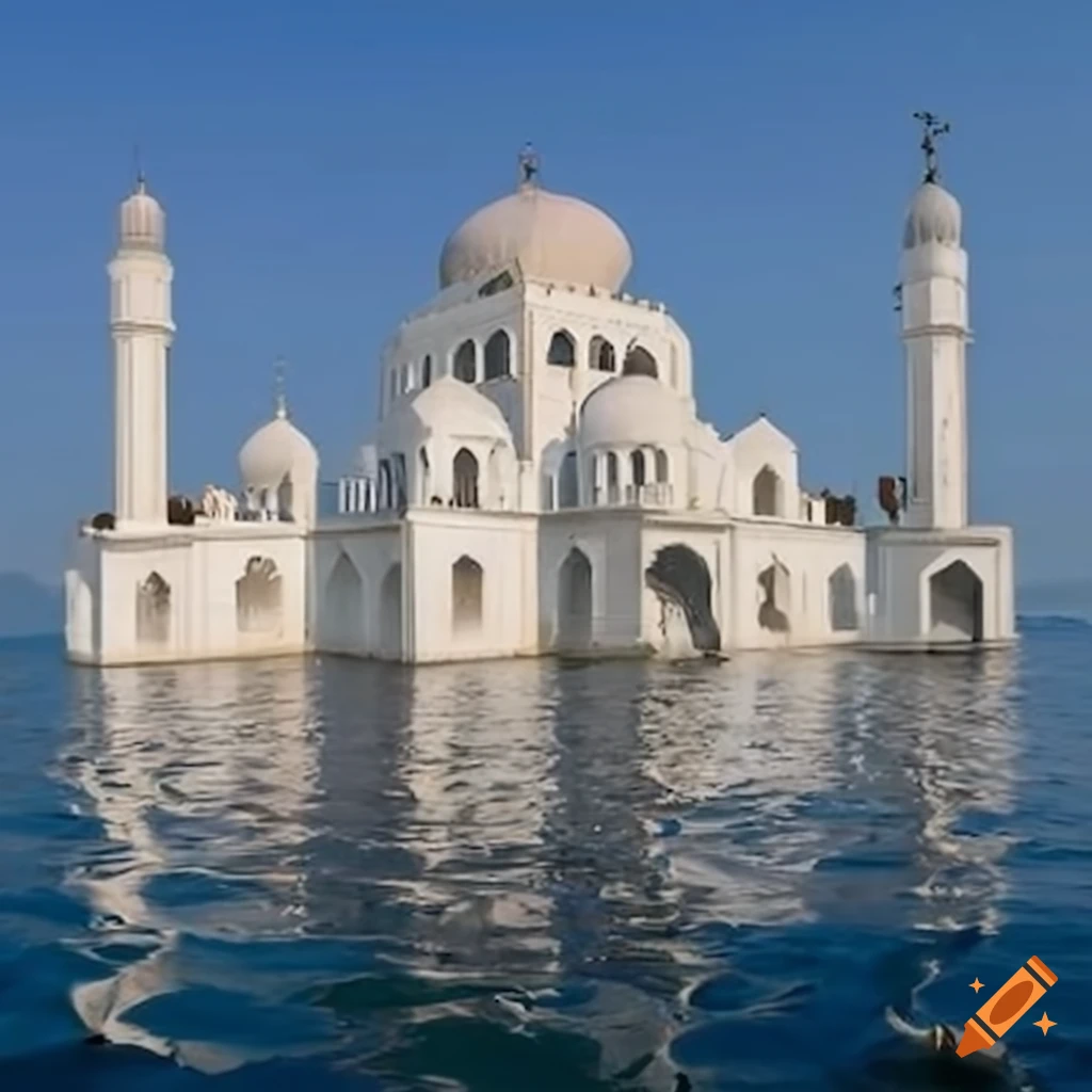 transparent mosque on the water with sufi men in red and white turbans