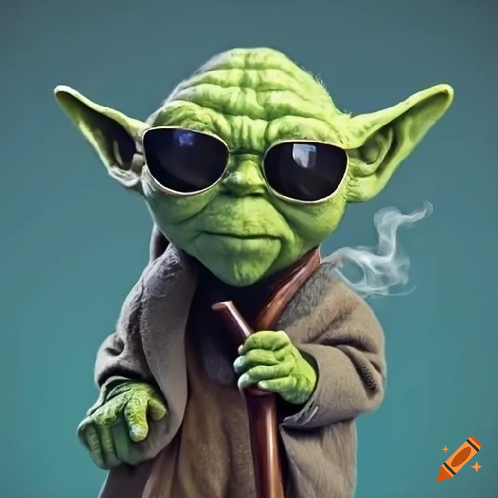 Yoda wearing sunglasses and smoking a pipe