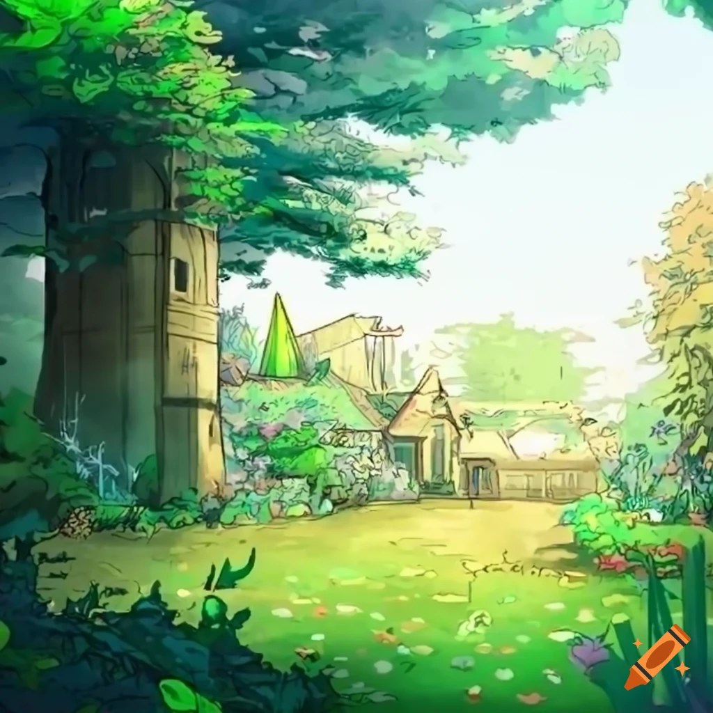 Cartoonish medieval garden background for a visual novel on Craiyon