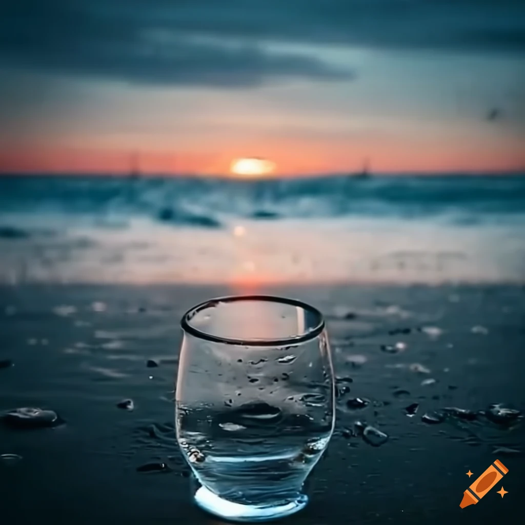 glass of water on a rainy beach