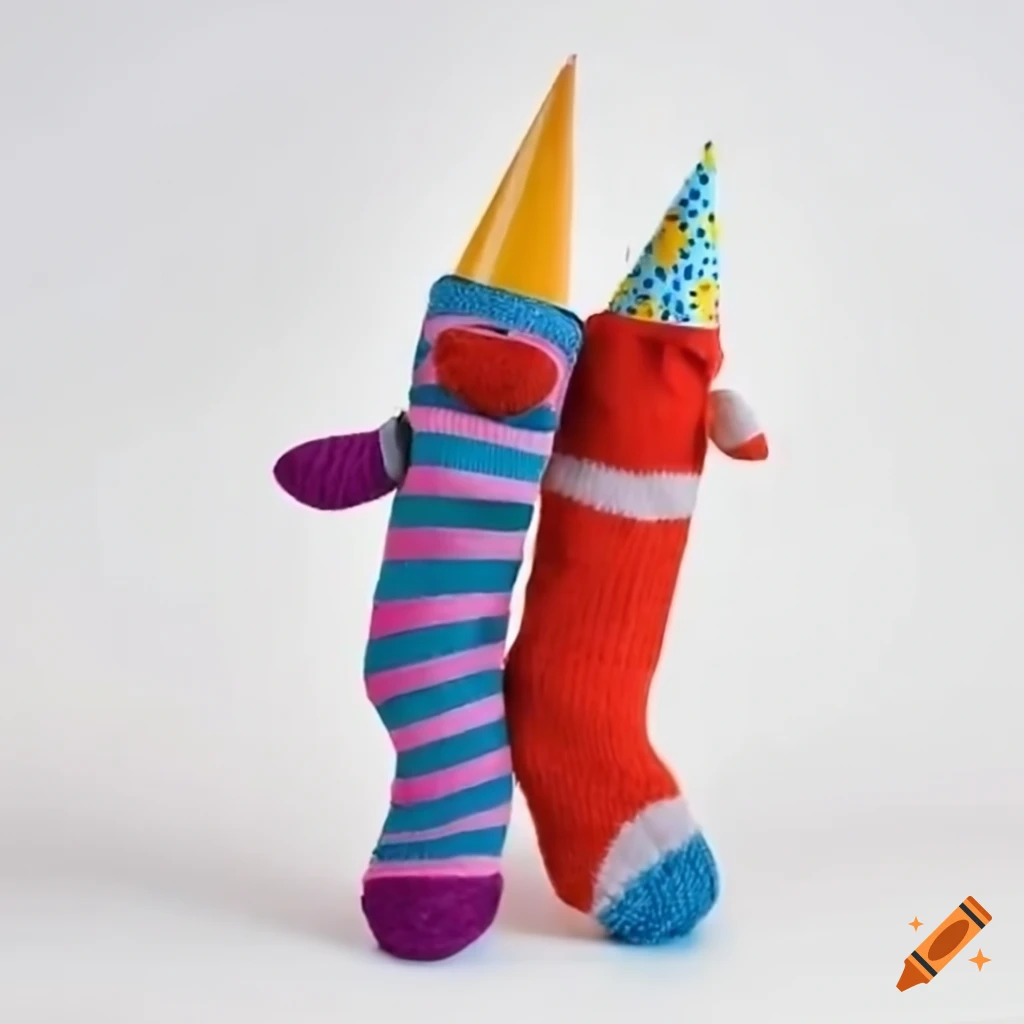 Sock puppets dancing with birthday hats on Craiyon