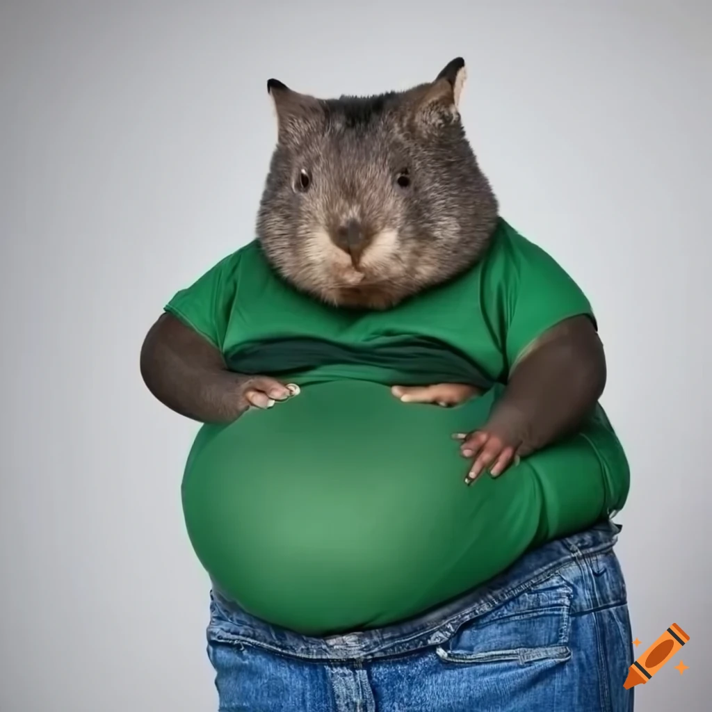 anthropomorphic wombat in green t-shirt and blue pants