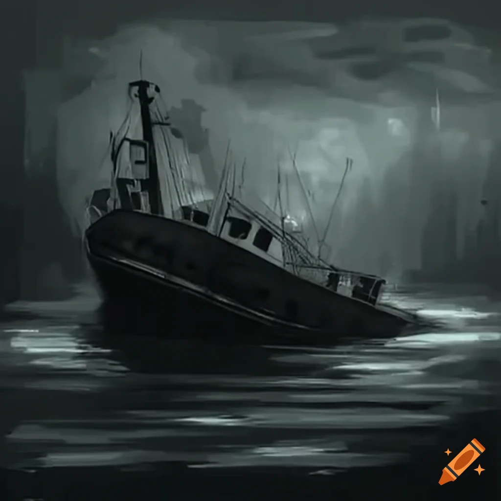 sinking tug boat in dark waters