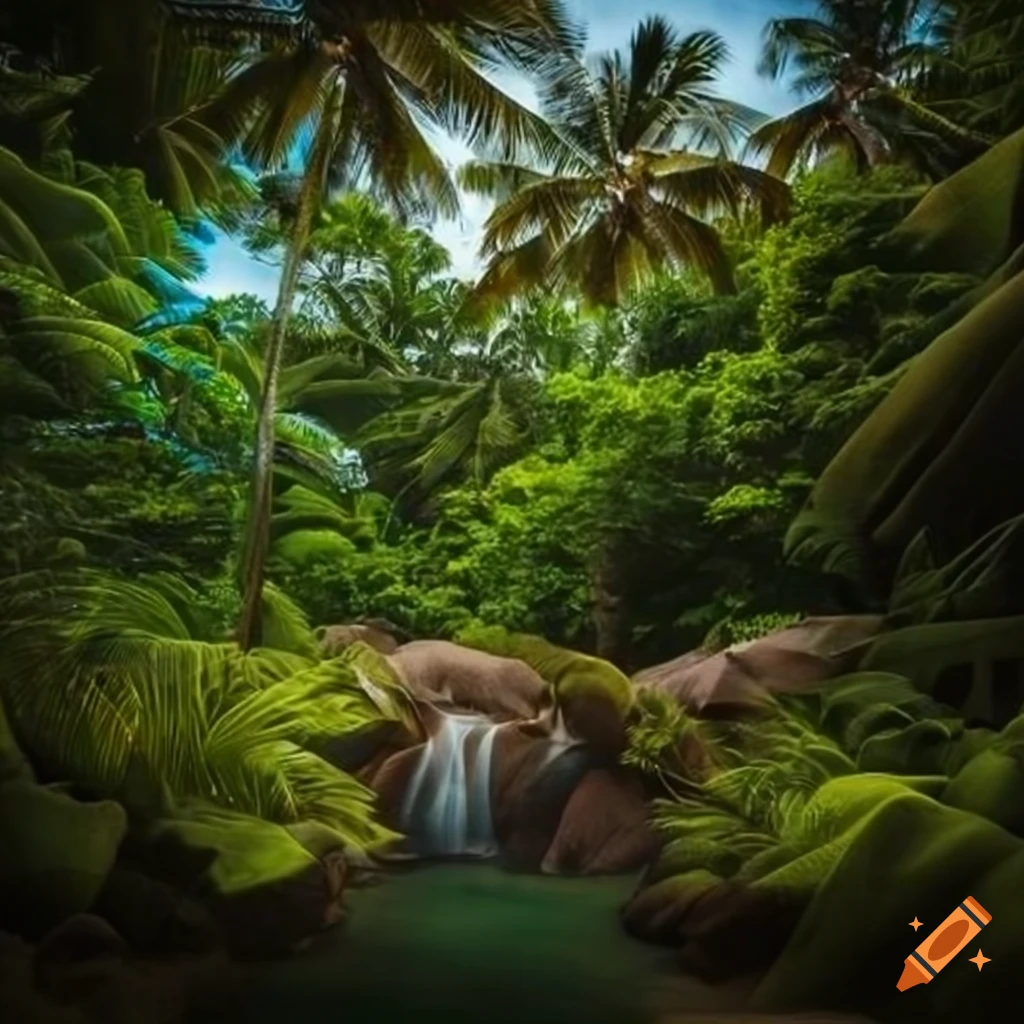 Lost in the jungle bright green tropical palm tree forest