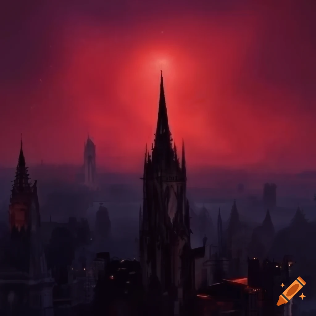 Gothic cityscape with blood red sky on Craiyon