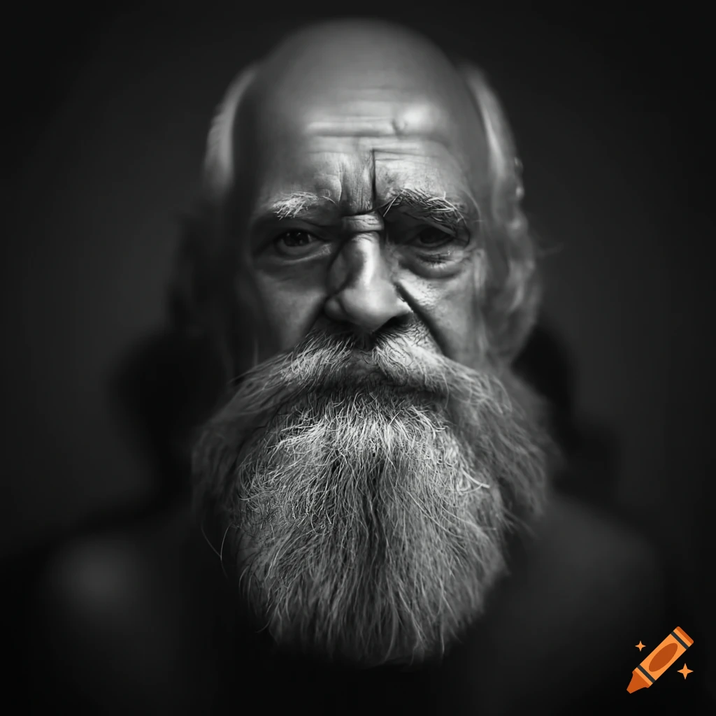 monochrome portrait of a wise and stern-looking older man