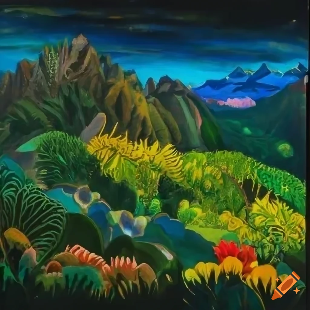 Intricate mountain valley painting with forest and river on Craiyon