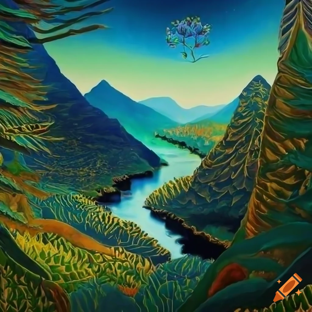 Detailed mountain valley with forest and river on Craiyon