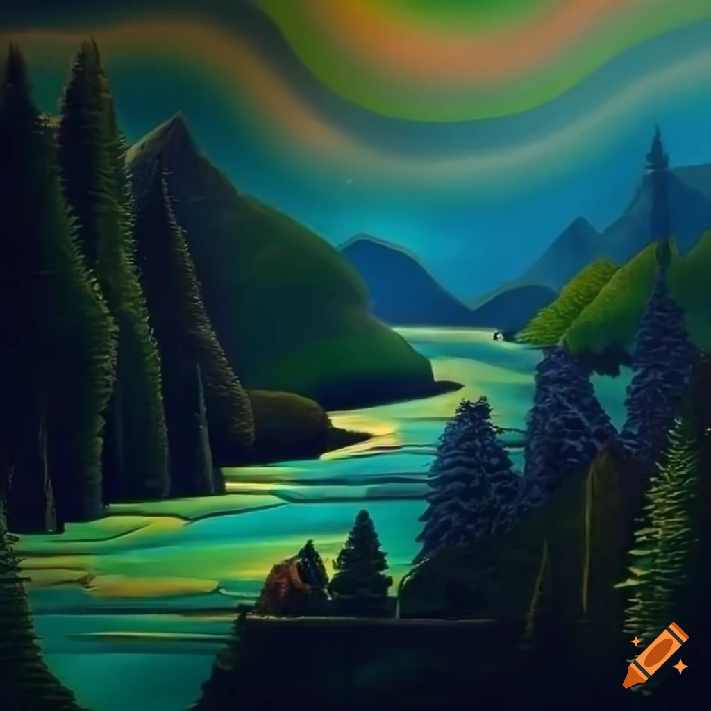 Intricate mountain valley with forest and river artwork on Craiyon
