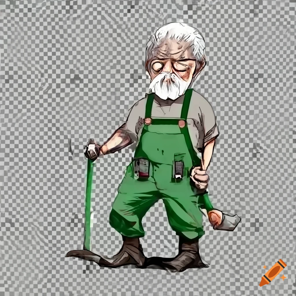 png of an tired handyman in green overalls