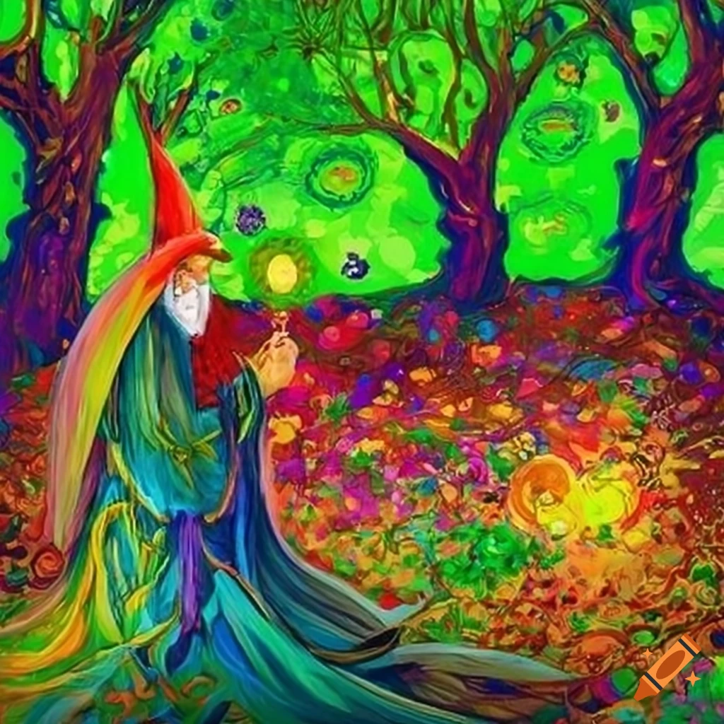 colorful and vibrant fantasy art of a wizard in an orchard