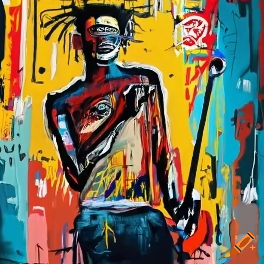 vibrant Basquiat-style golfer swinging club