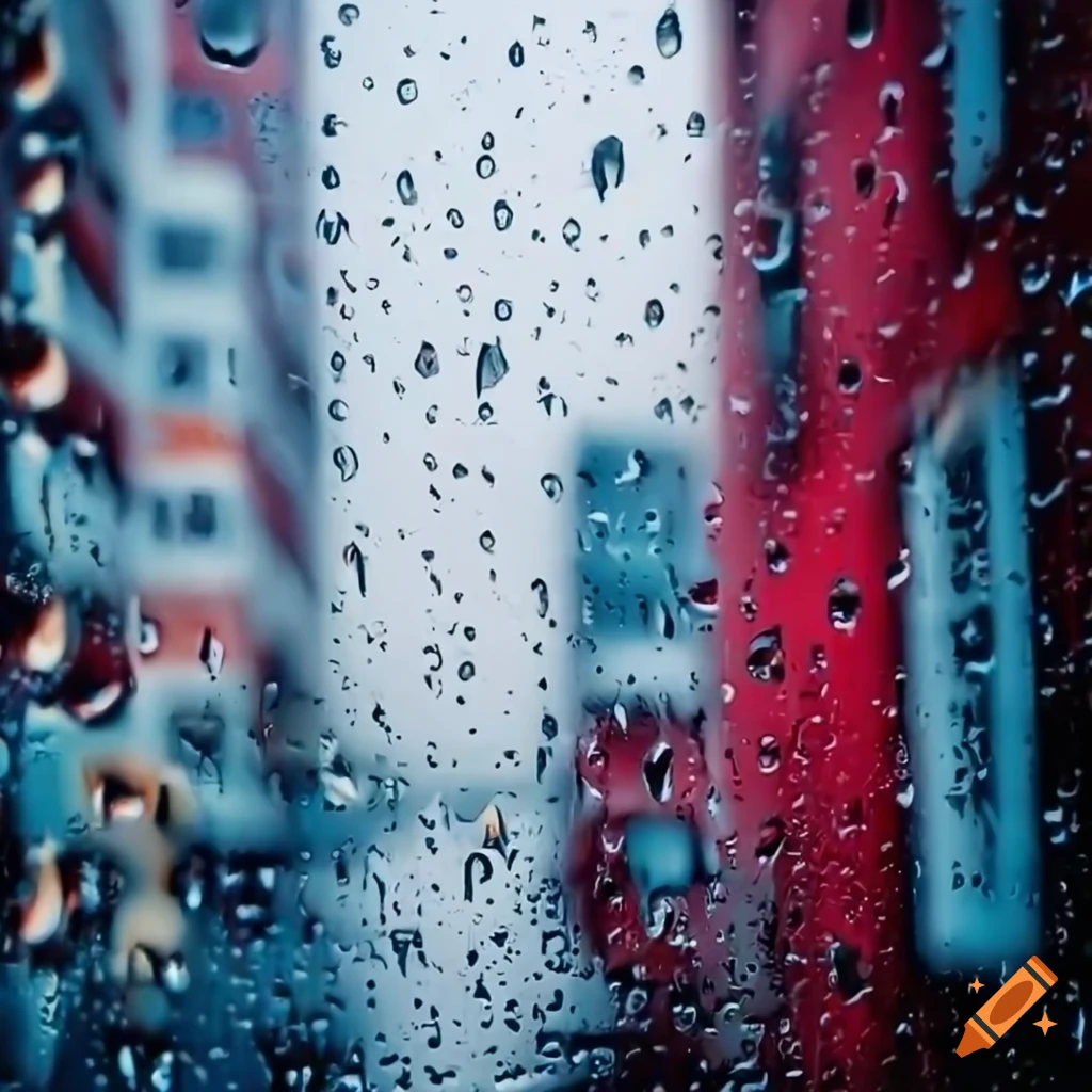 raindrop-covered window with vibrant urban view
