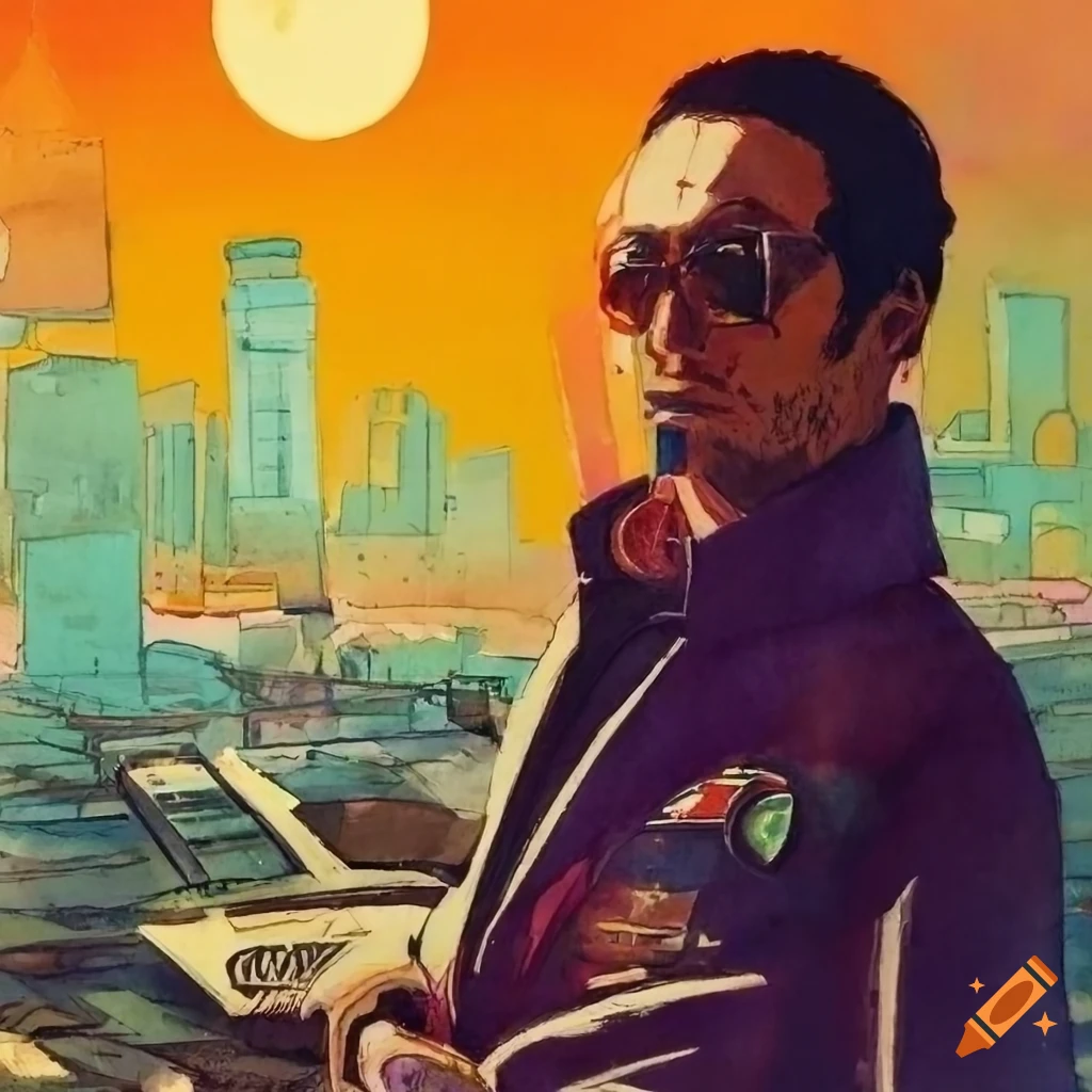 Dystopian future illustration with a pensive expression on Craiyon