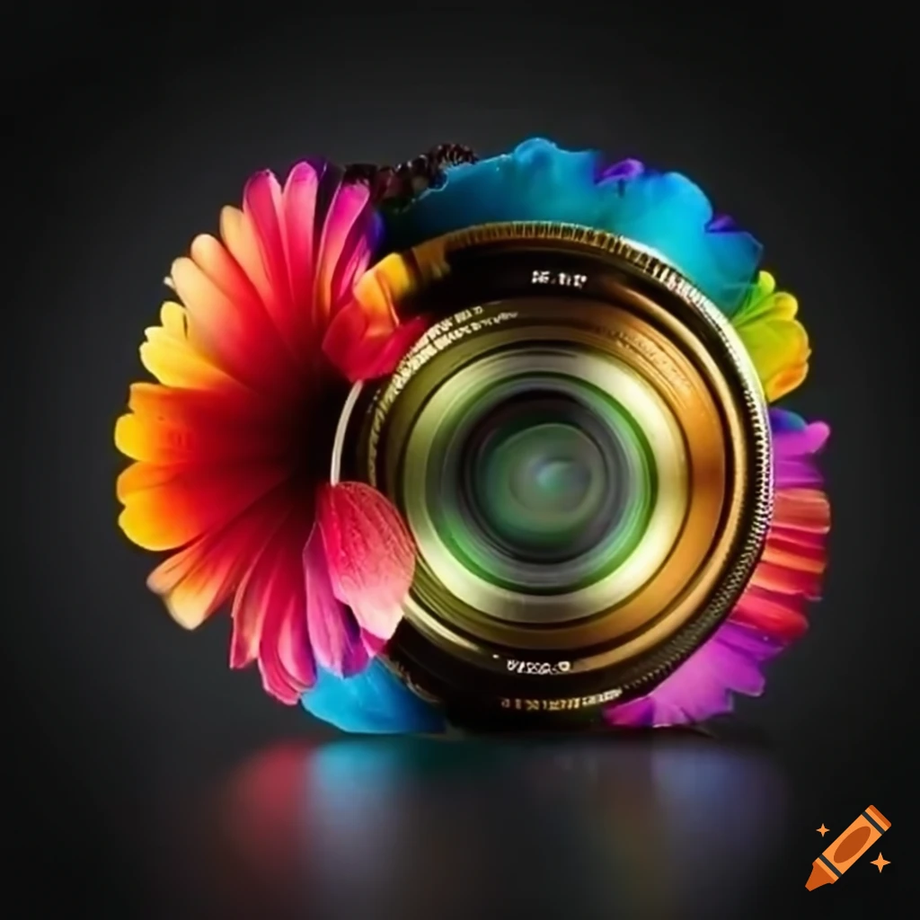 Camera lens surrounded by colorful flowers on Craiyon