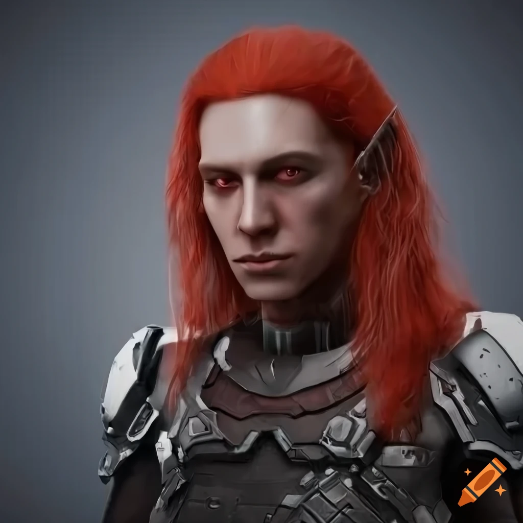 portrait of a red-haired elf cyborg warrior in black armor holding a rifle
