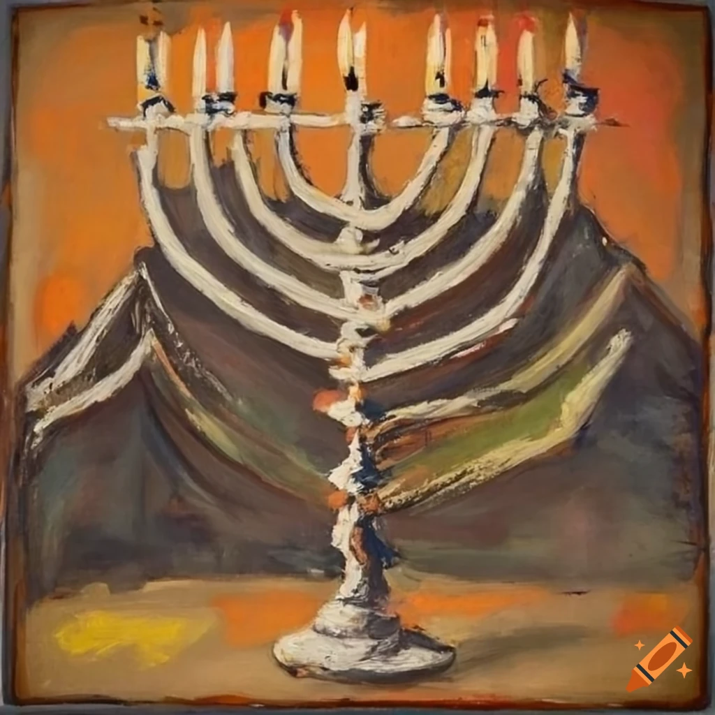 painting of a mountain with a menorah in front