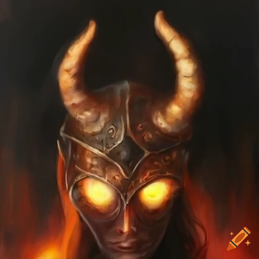 fantasy oil painting of a horned helm with glowing eyes