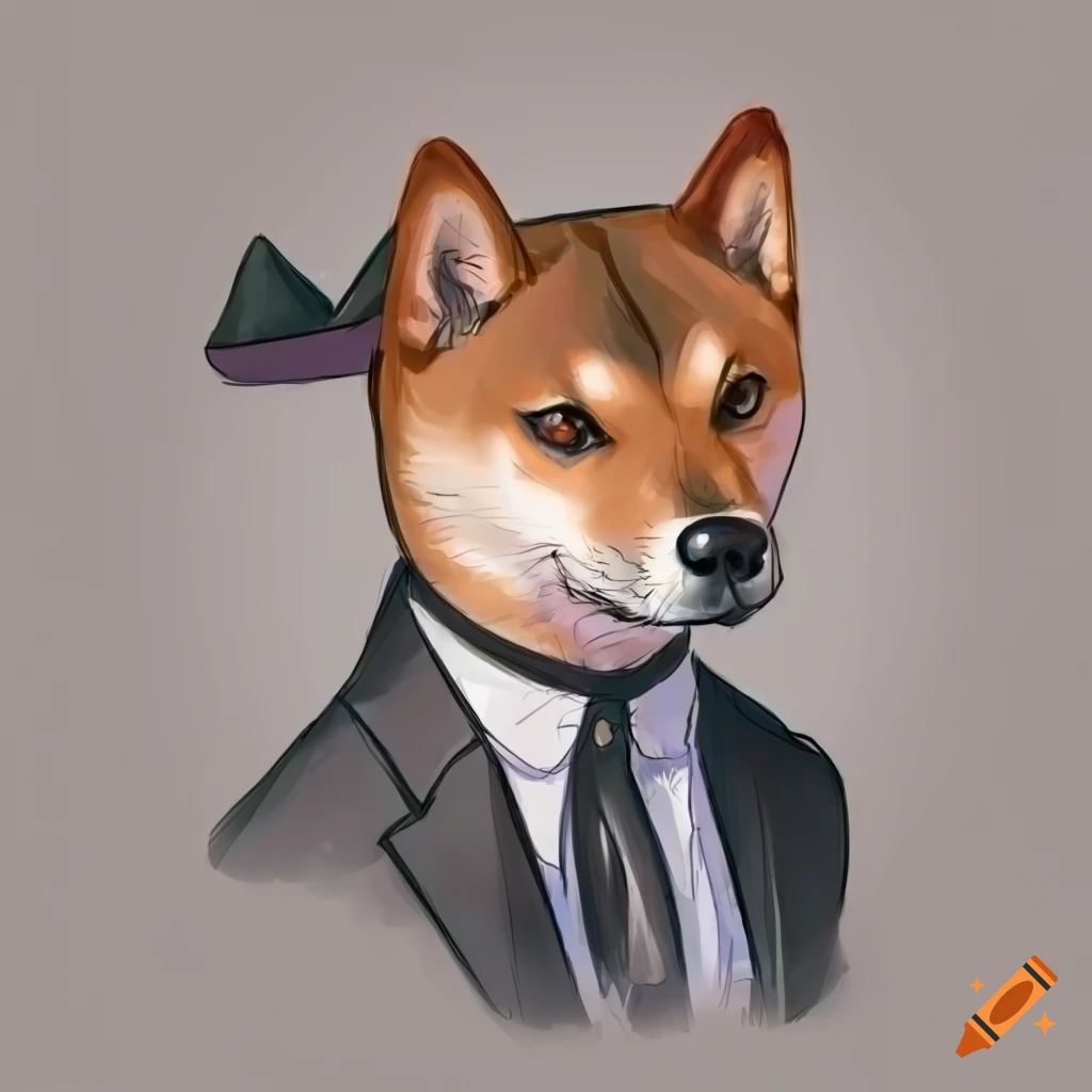 Artistic illustration of a shiba inu dog in a black suit and top hat on ...