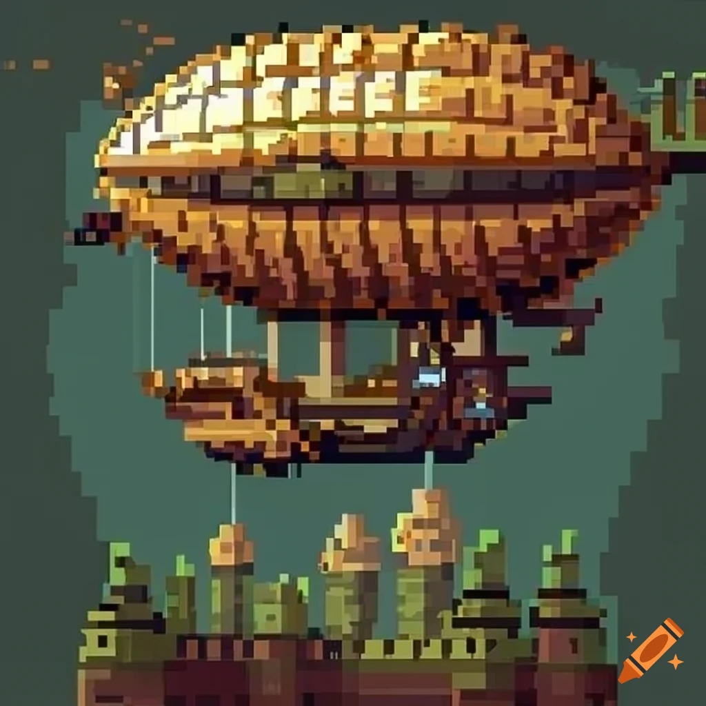 pixel art of a steampunk zeppelin