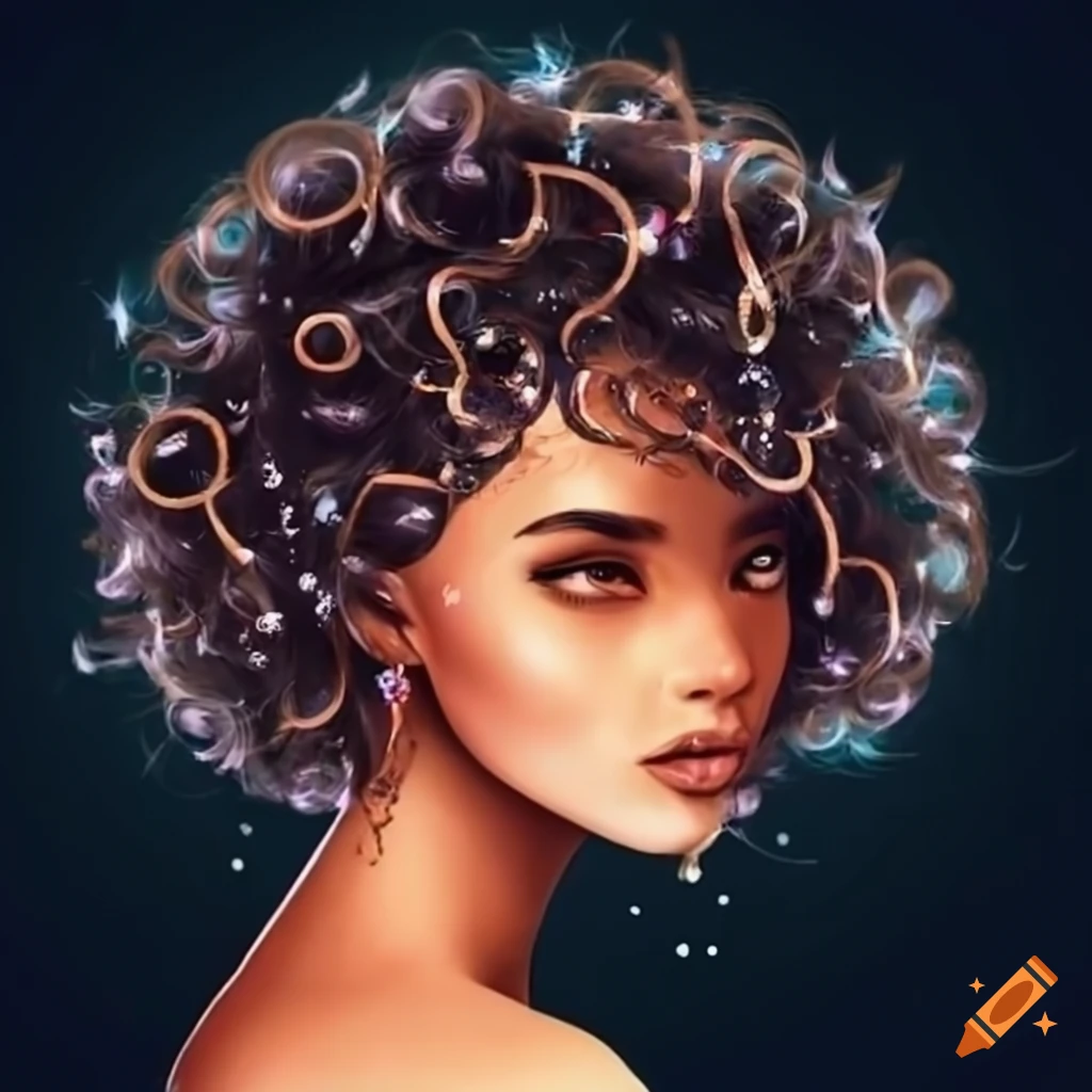Representation of libra zodiac sign as a woman with curly hair on Craiyon