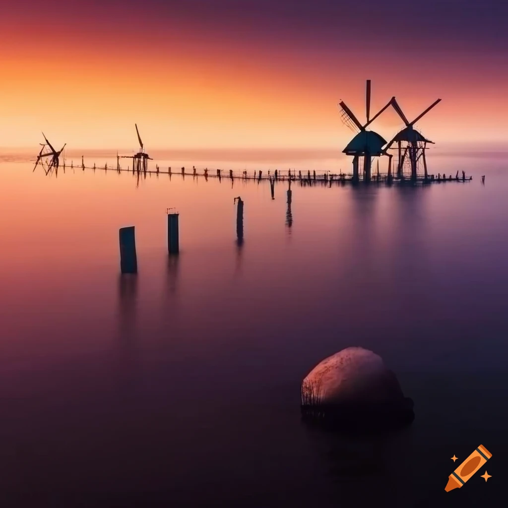 sunset at a windmill-filled island in heavy fog