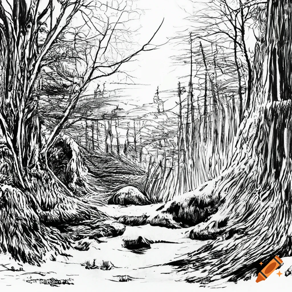 Detailed black and white forest drawing on Craiyon