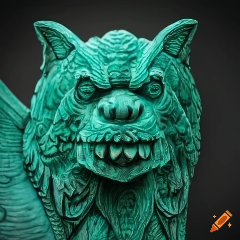 impressive architectural carving of a werewolf in emerald green