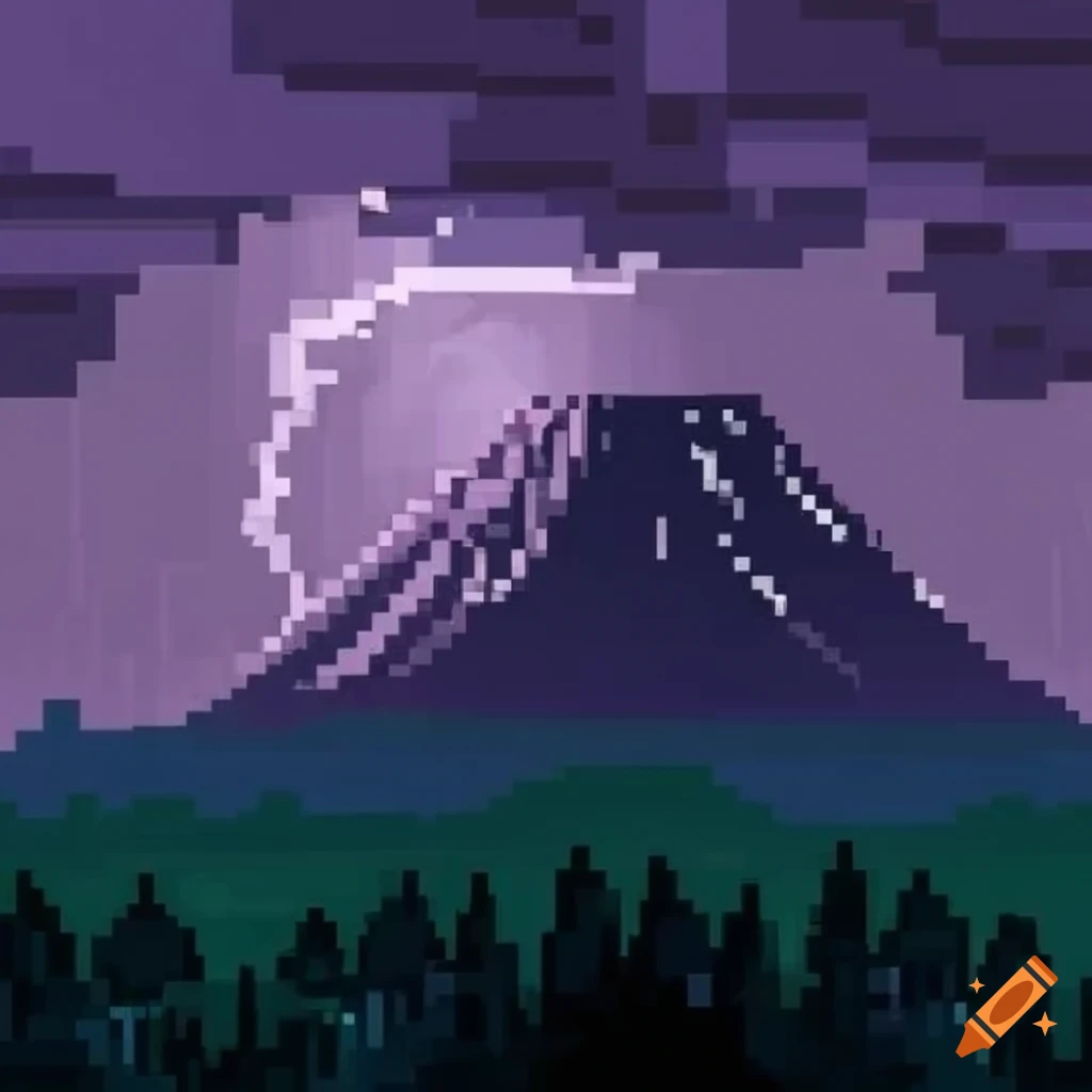 pixel art of a Japanese forest with Mount Fuji during a thunderstorm