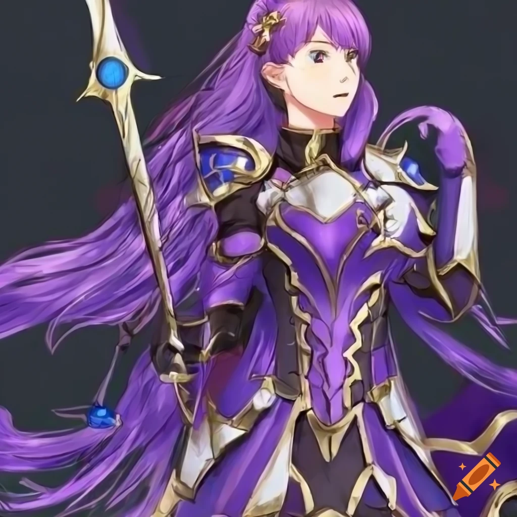 character illustration of an armored princess with purple hair and lance