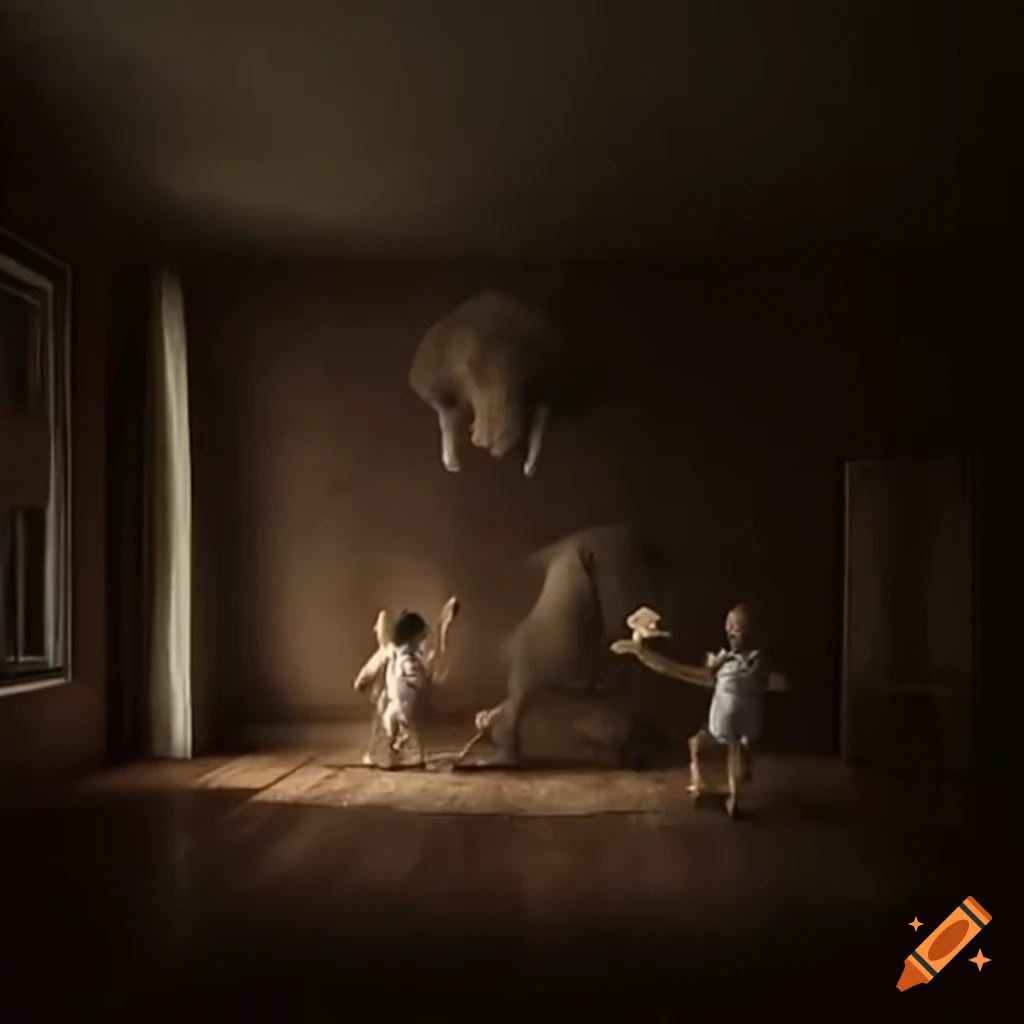 boys playing with flowers and an elephant in a room