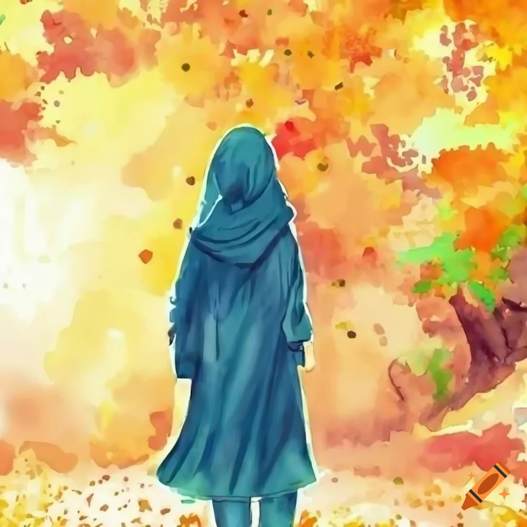 watercolor illustration of a girl in hijab walking on an autumn road