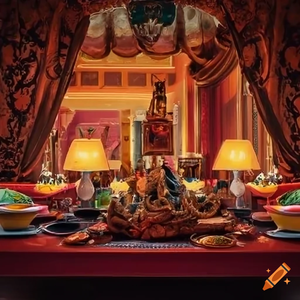 Colorful table in a fancy restaurant with unique dishes on Craiyon