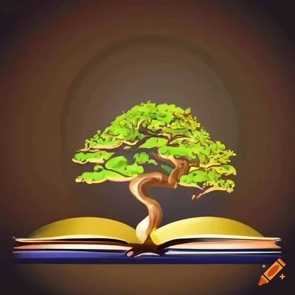golden book with a bonsai tree growing out of it