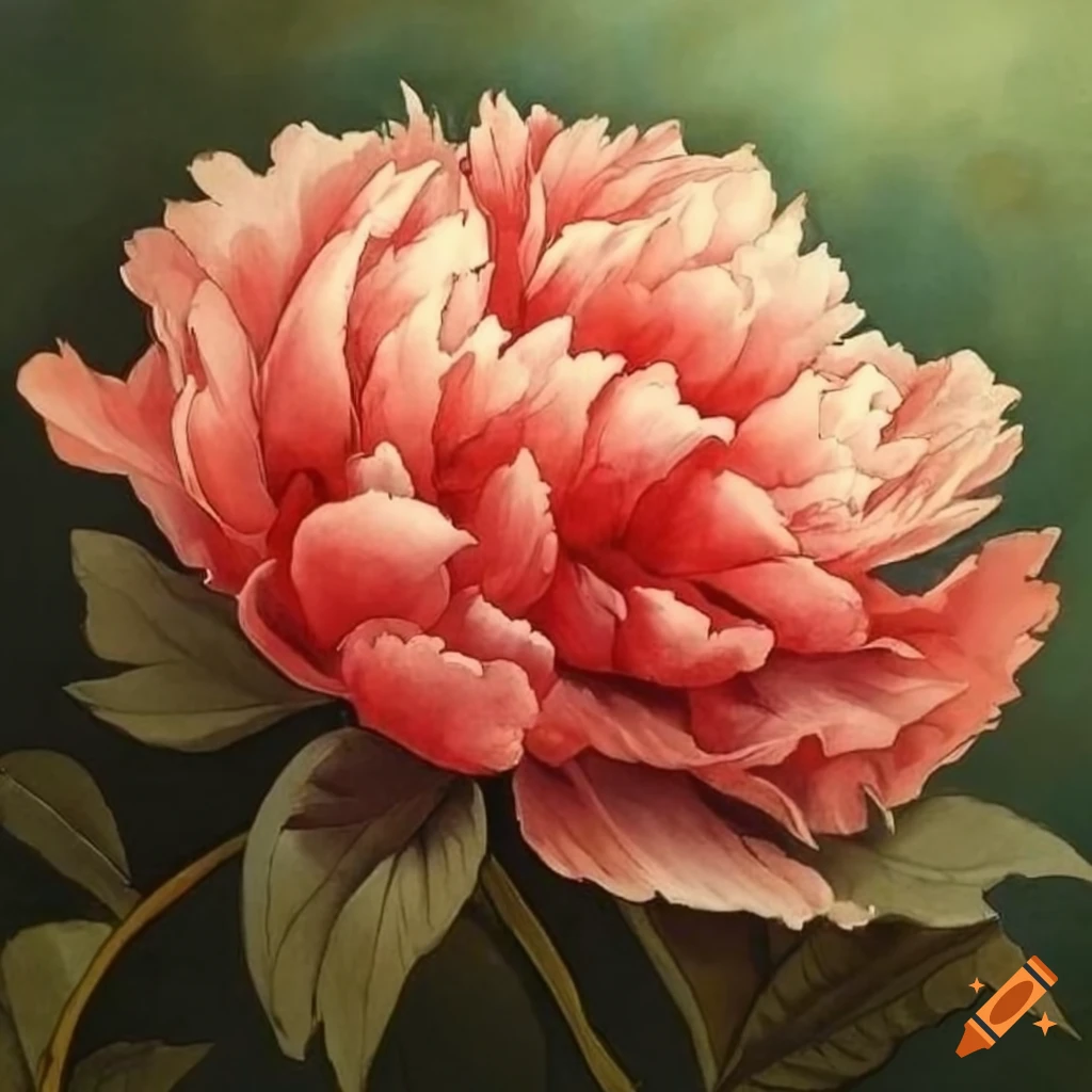 intricate watercolor painting of a peony on a white background