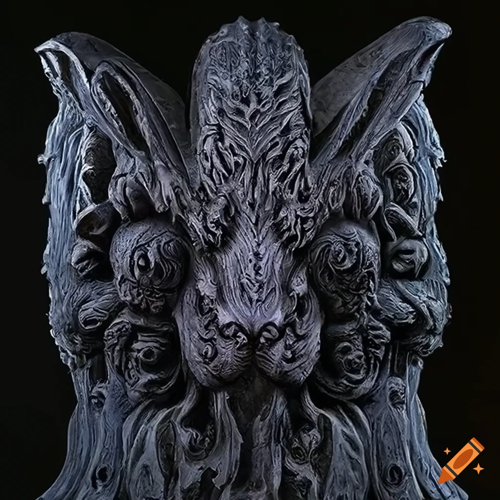 detailed carving of a moth werewolf motif