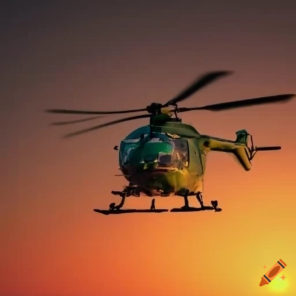 helicopter flying through flames at sunset