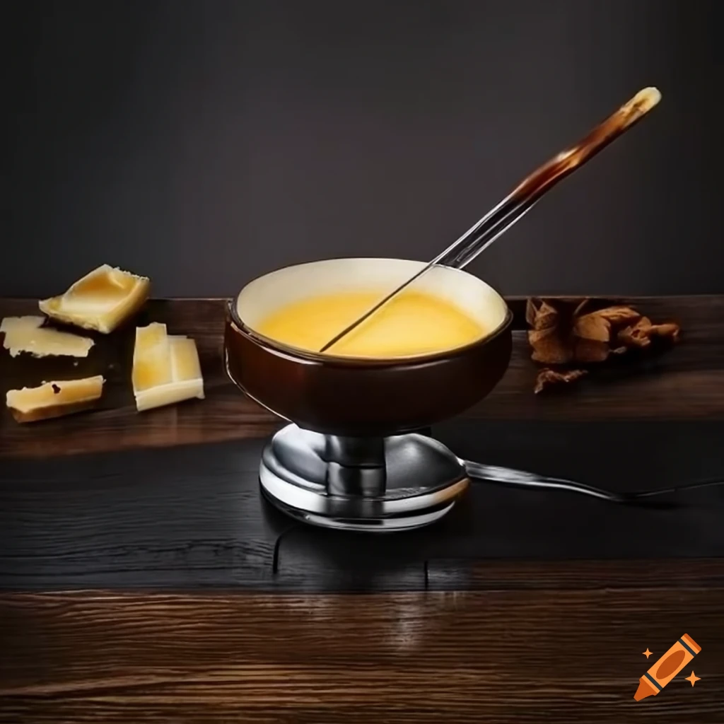 Elegant cheese fondue on a dark wood table on Craiyon