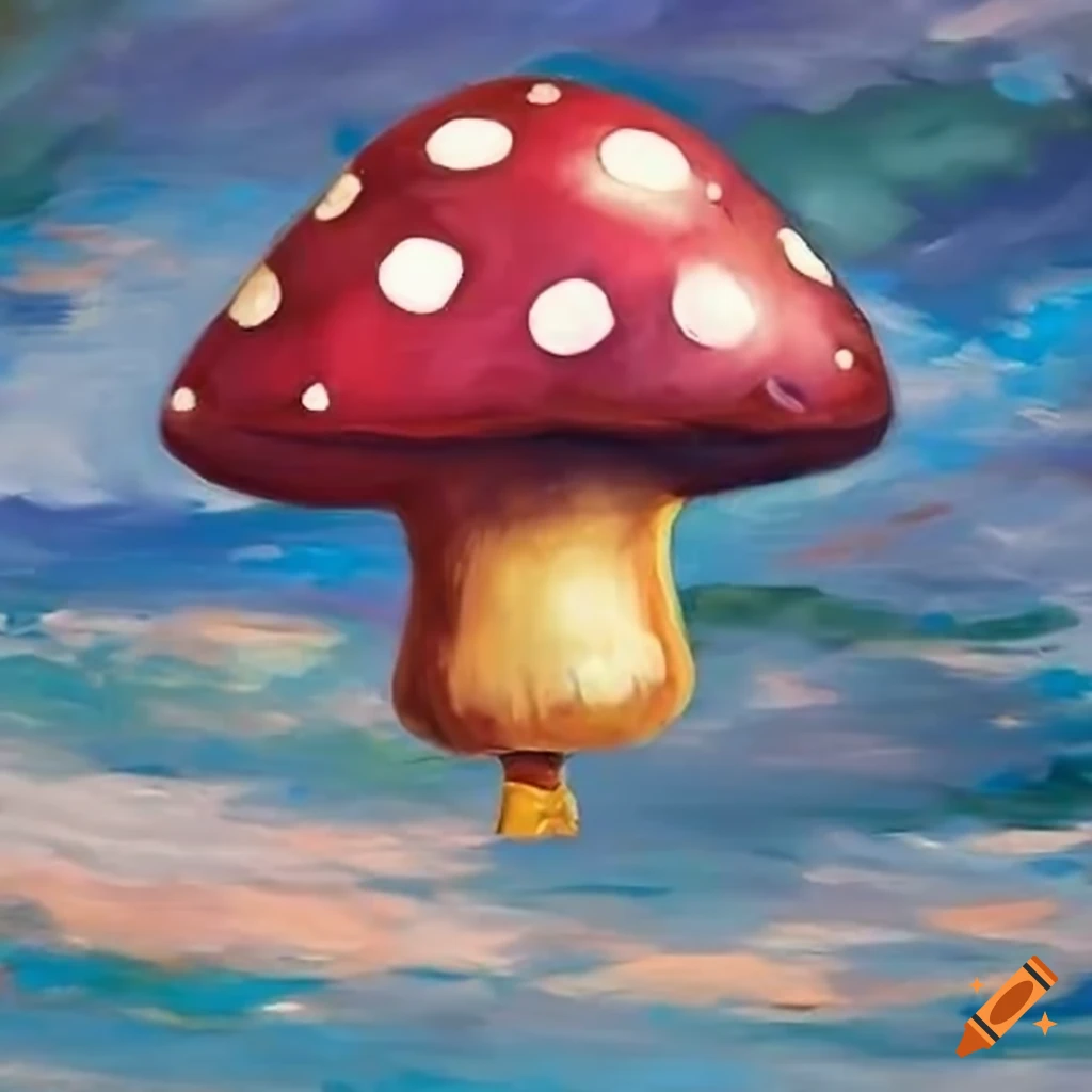 colourful mushroom balloon floating in the cloudy sky