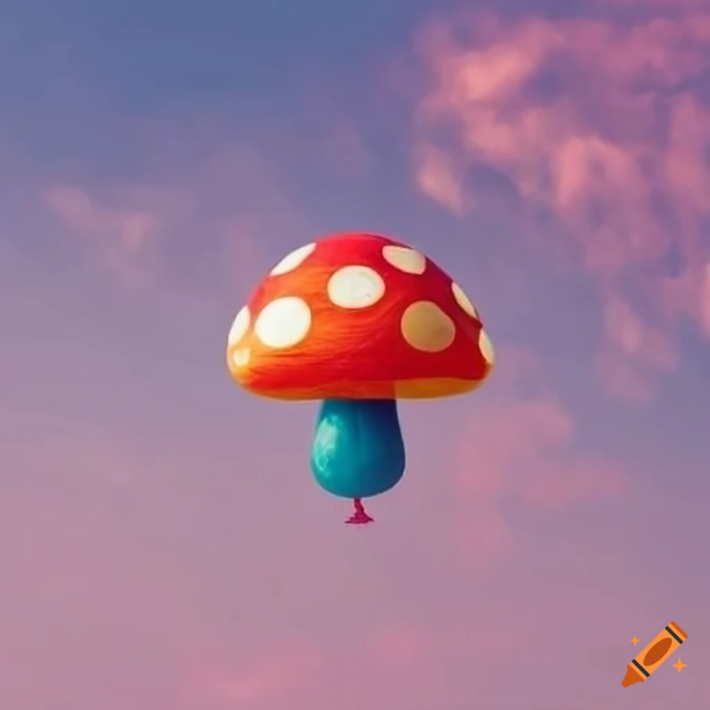 balloon shaped like mushroom floating in the sky