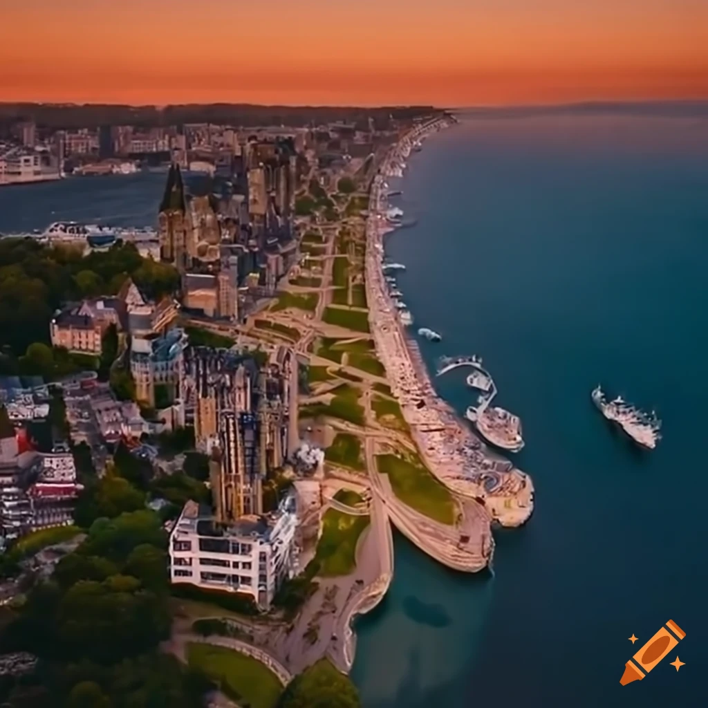 Aerial view of a coastal city with art nouveau buildings on Craiyon