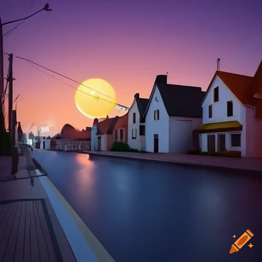 artistic depiction of a sunset in a neighborhood