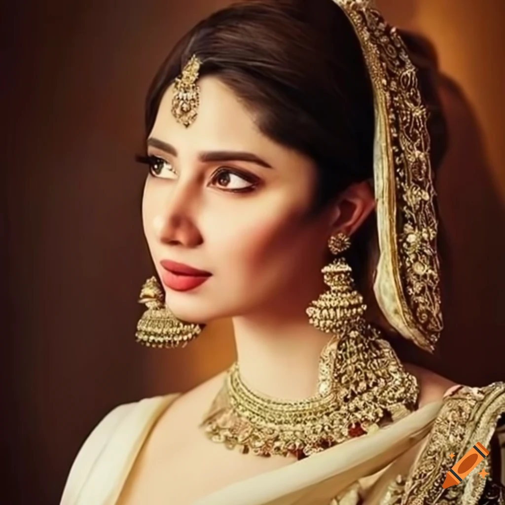 Mahira khan in traditional ivory saree on Craiyon